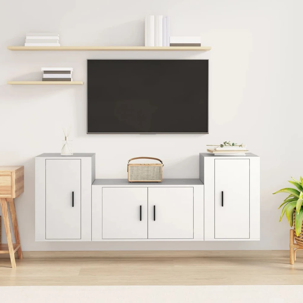 TV staliukas Televizoriaus spintelių komplektas, 3 dalių, baltas, mediena