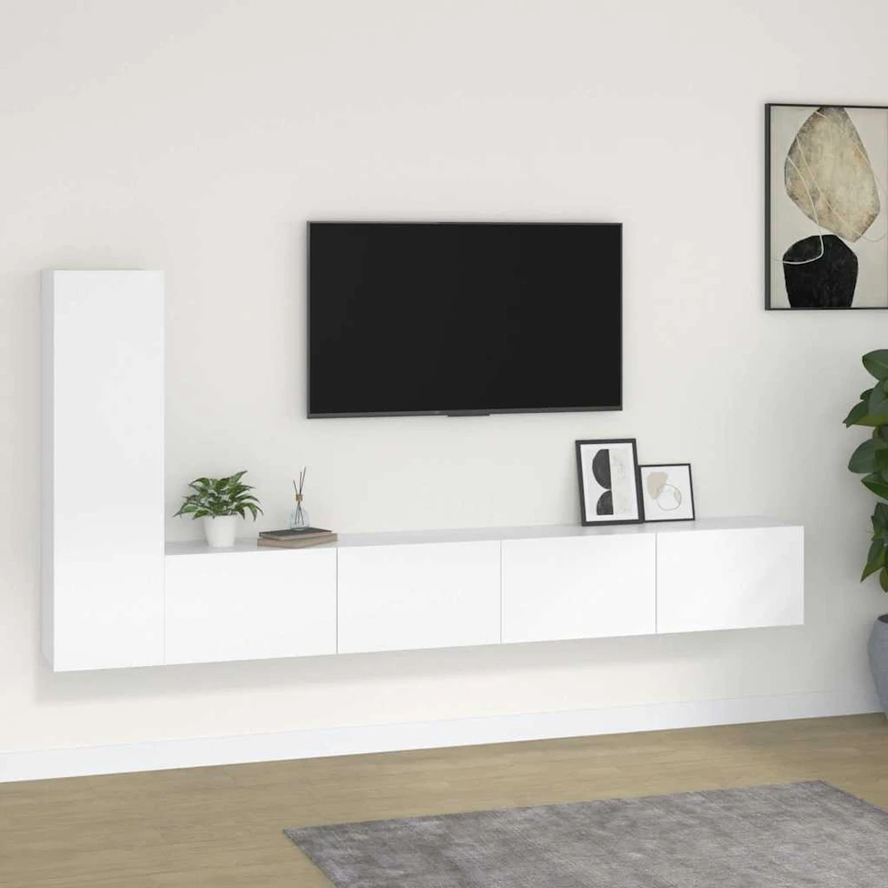 TV staliukas Televizoriaus spintelių komplektas, 3 dalių, baltas, mediena