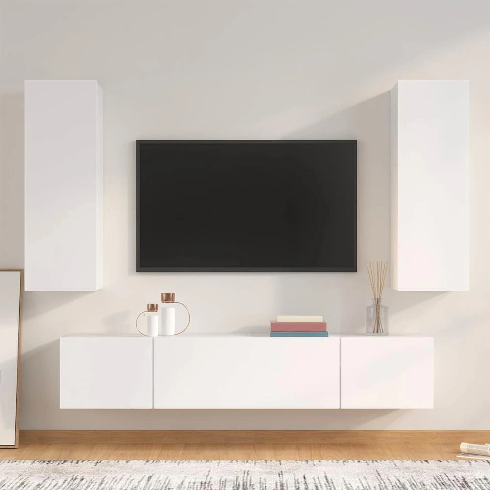 TV staliukas Televizoriaus spintelių komplektas, 4 dalių, baltas, mediena