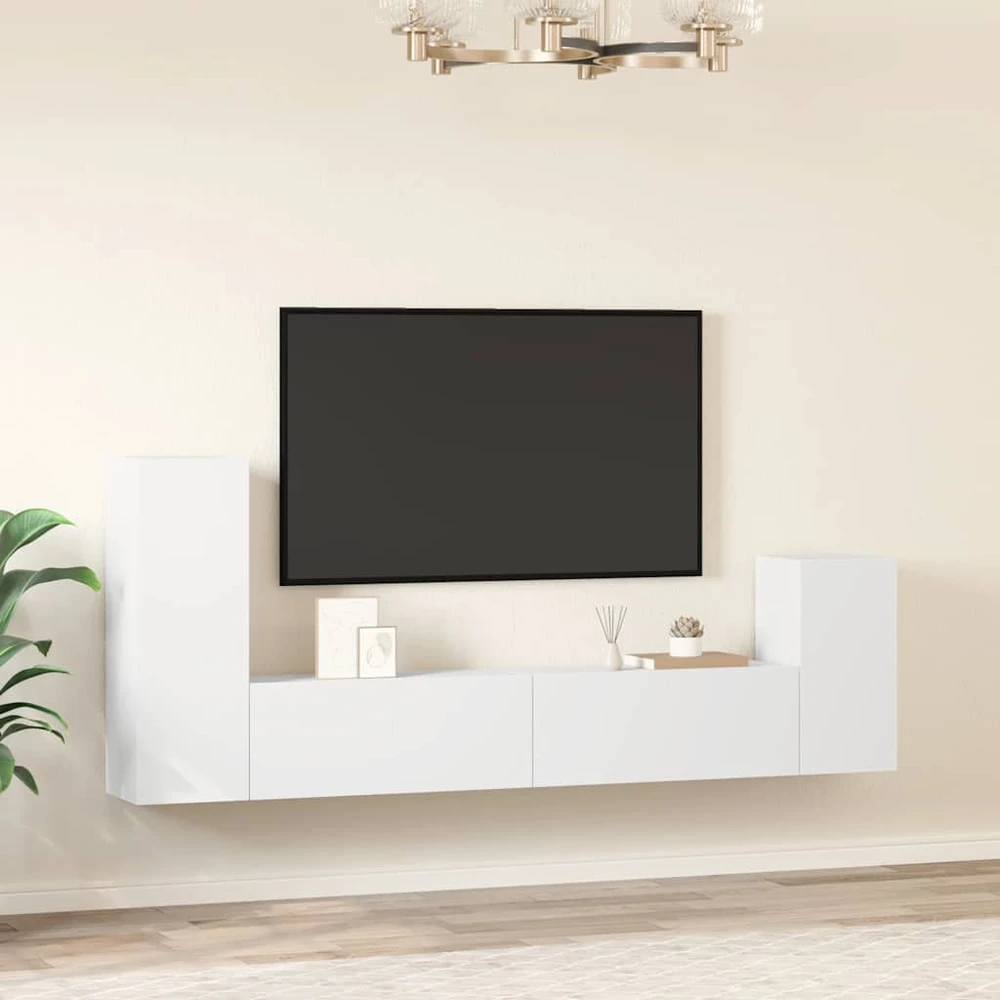 TV staliukas Televizoriaus spintelių komplektas, 4 dalių, baltas, mediena