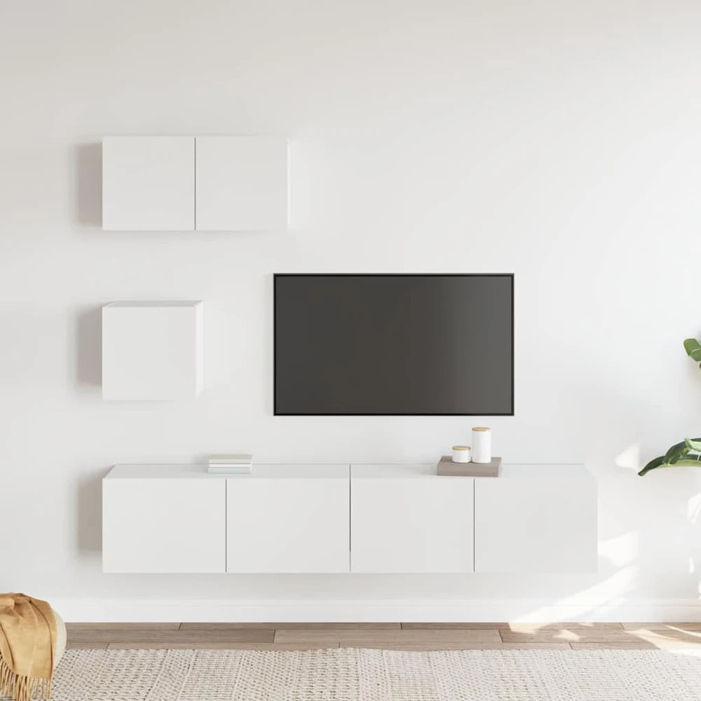 TV staliukas Televizoriaus spintelių komplektas, 4 dalių, baltas, mediena