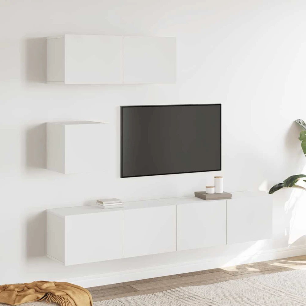 TV staliukas Televizoriaus spintelių komplektas, 4 dalių, baltas, mediena