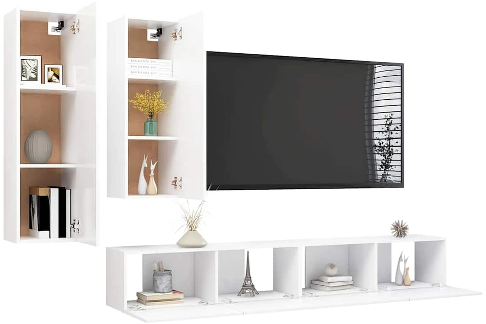 TV staliukas Televizoriaus spintelių komplektas, 4 dalių, baltas, mediena