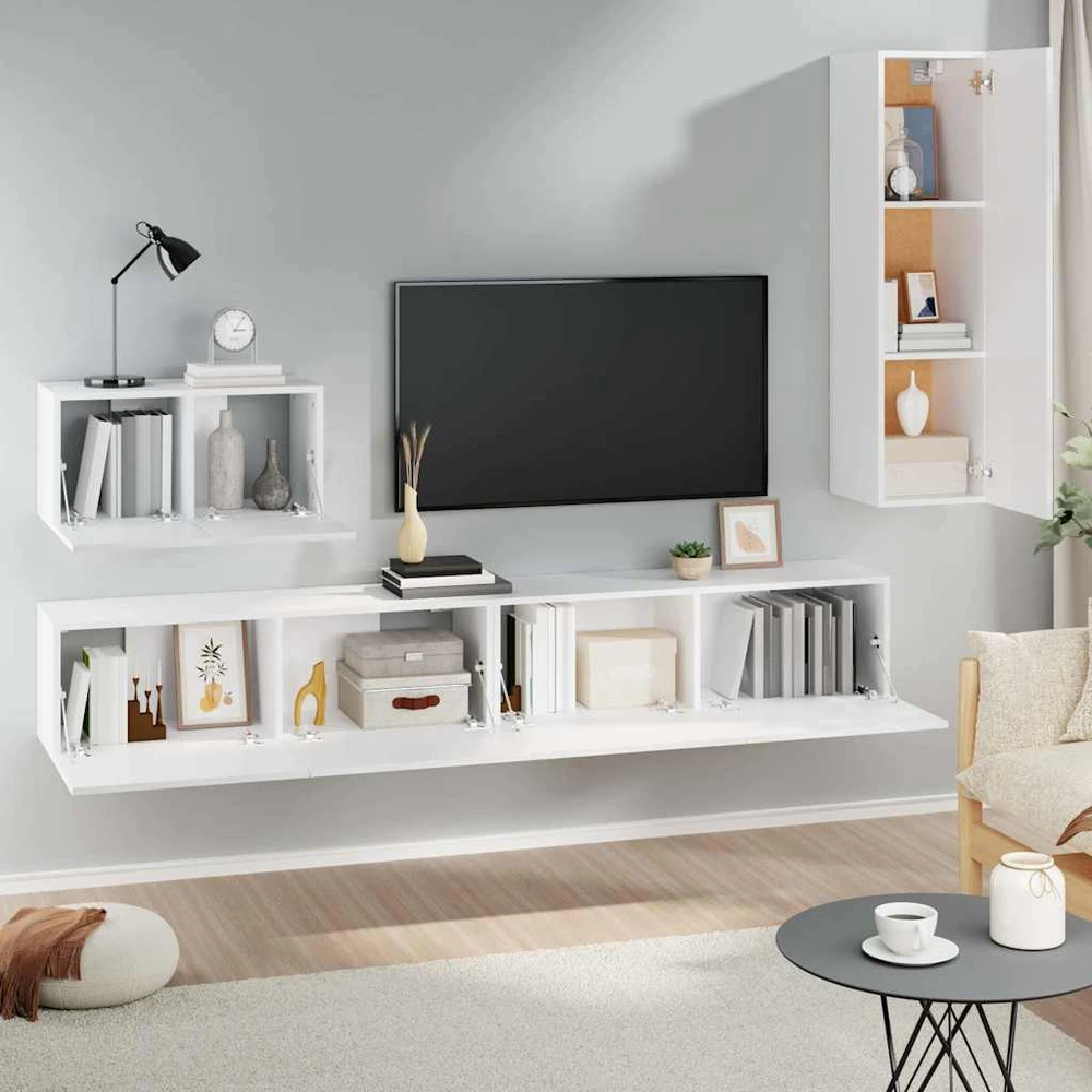 TV staliukas Televizoriaus spintelių komplektas, 4 dalių, baltas, mediena