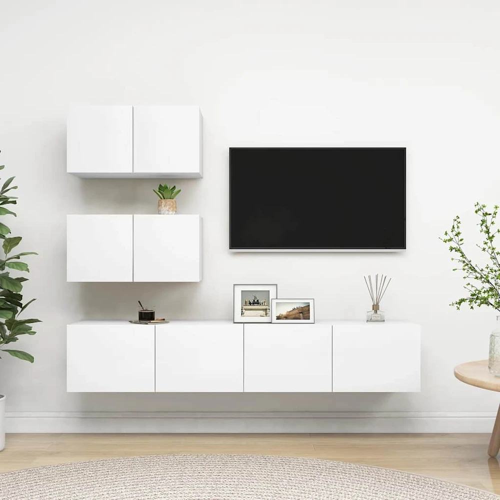 TV staliukas Televizoriaus spintelių komplektas, 4 dalių, baltas, mediena