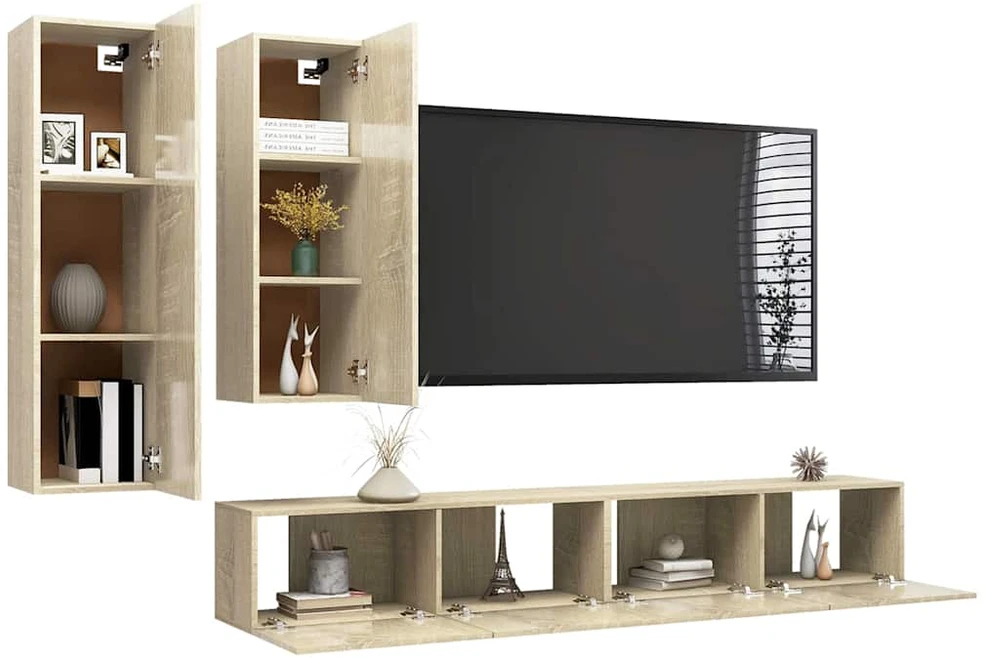 TV staliukas Televizoriaus spintelių komplektas, 4 dalių, ąžuolo, mediena