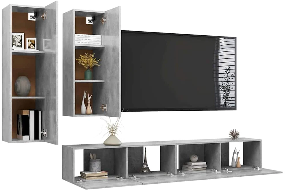 TV staliukas Televizoriaus spintelių komplektas, 4 dalių, betono, mediena