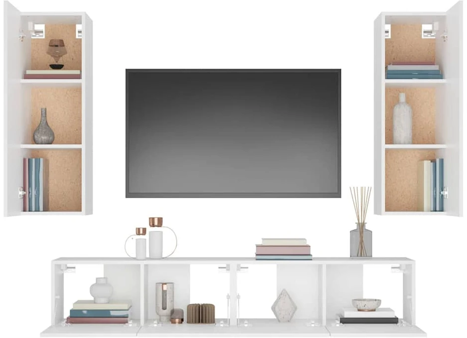 TV staliukas Televizoriaus spintelių komplektas, 4 dalių, baltas, mediena