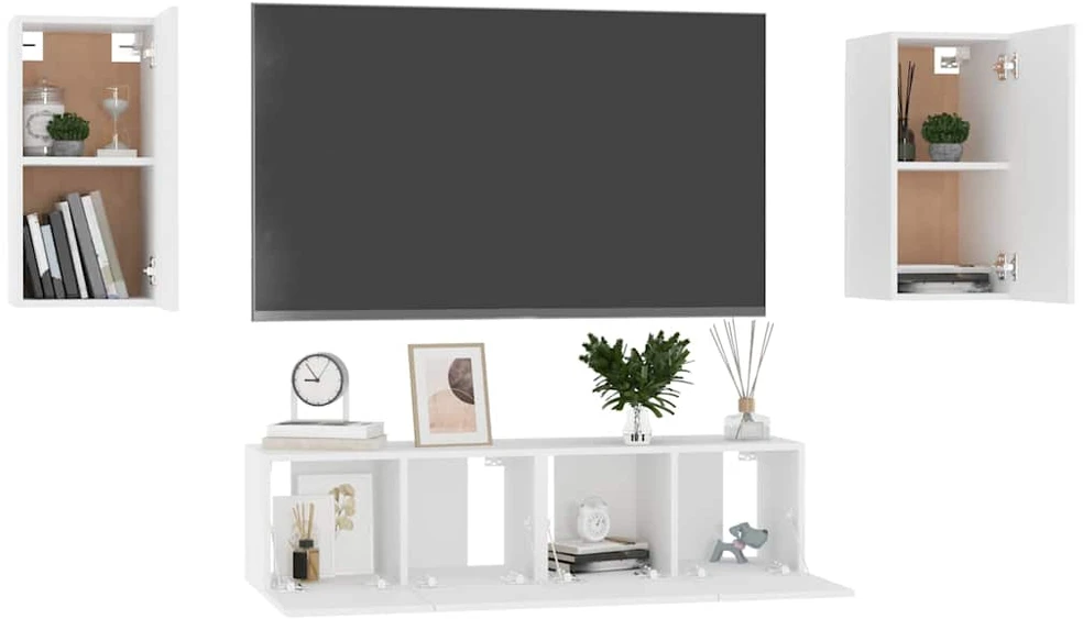 TV staliukas Televizoriaus spintelių komplektas, 4 dalių, baltas, mediena