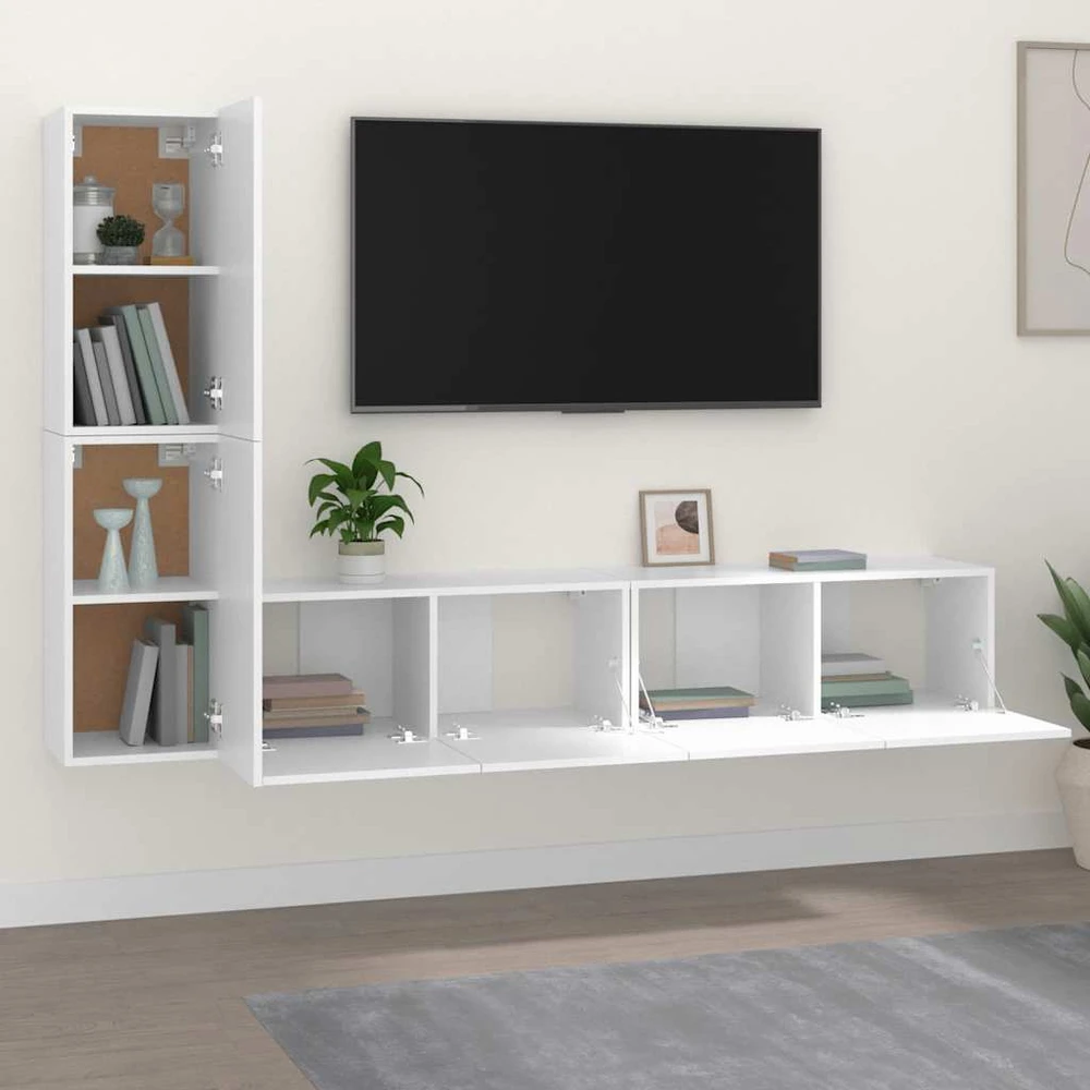 TV staliukas Televizoriaus spintelių komplektas, 4 dalių, baltas, mediena