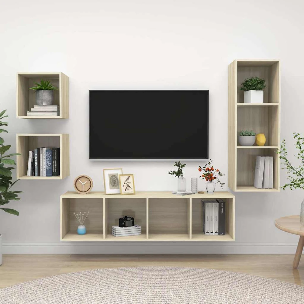 TV staliukas Televizoriaus spintelių komplektas, 4 dalių, ąžuolo, mediena