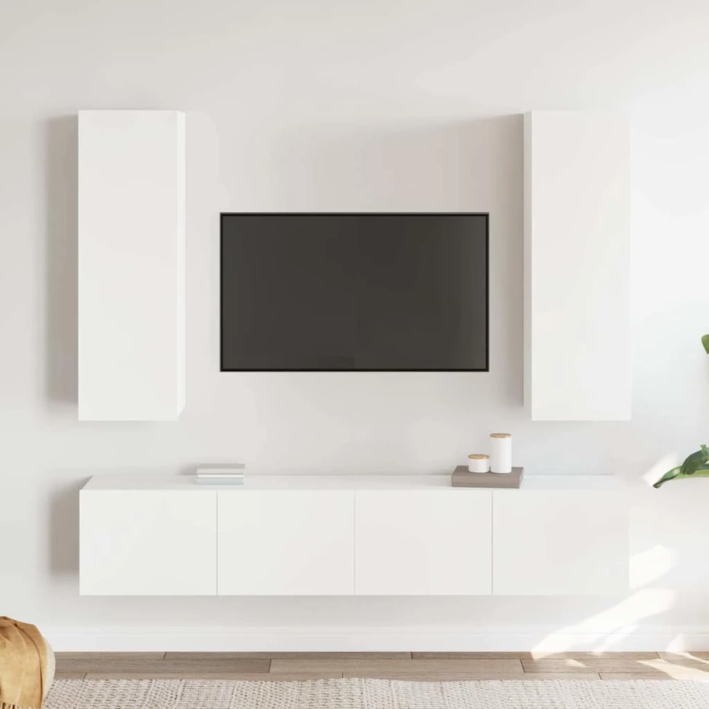 TV staliukas Televizoriaus spintelių komplektas, 4 dalių, baltas, mediena