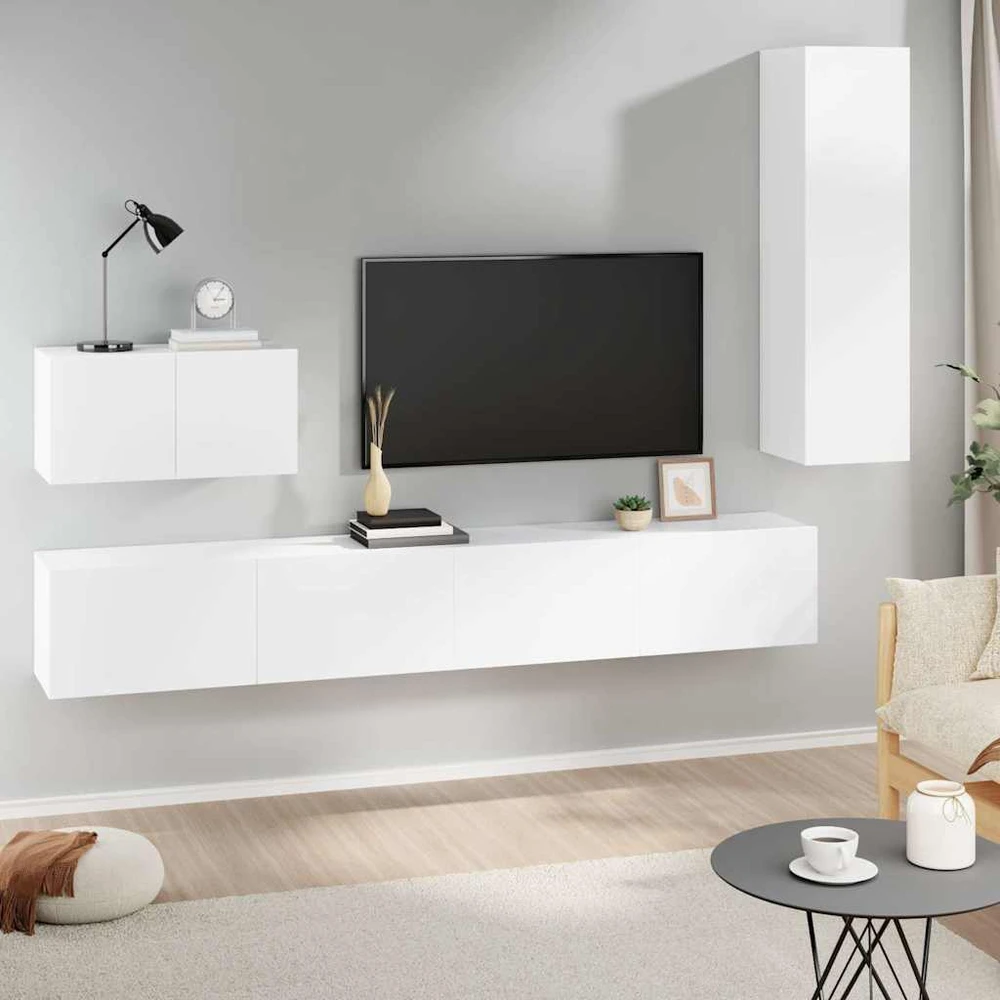 TV staliukas Televizoriaus spintelių komplektas, 4 dalių, baltas, mediena