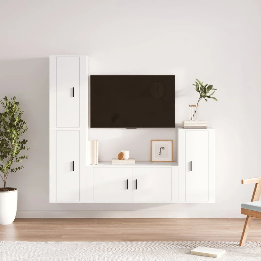 TV staliukas Televizoriaus spintelių komplektas, 4 dalių, baltas, mediena
