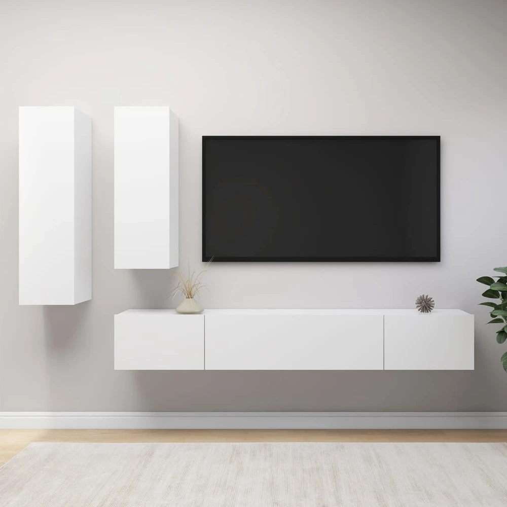 TV staliukas Televizoriaus spintelių komplektas, 4 dalių, baltas, mediena
