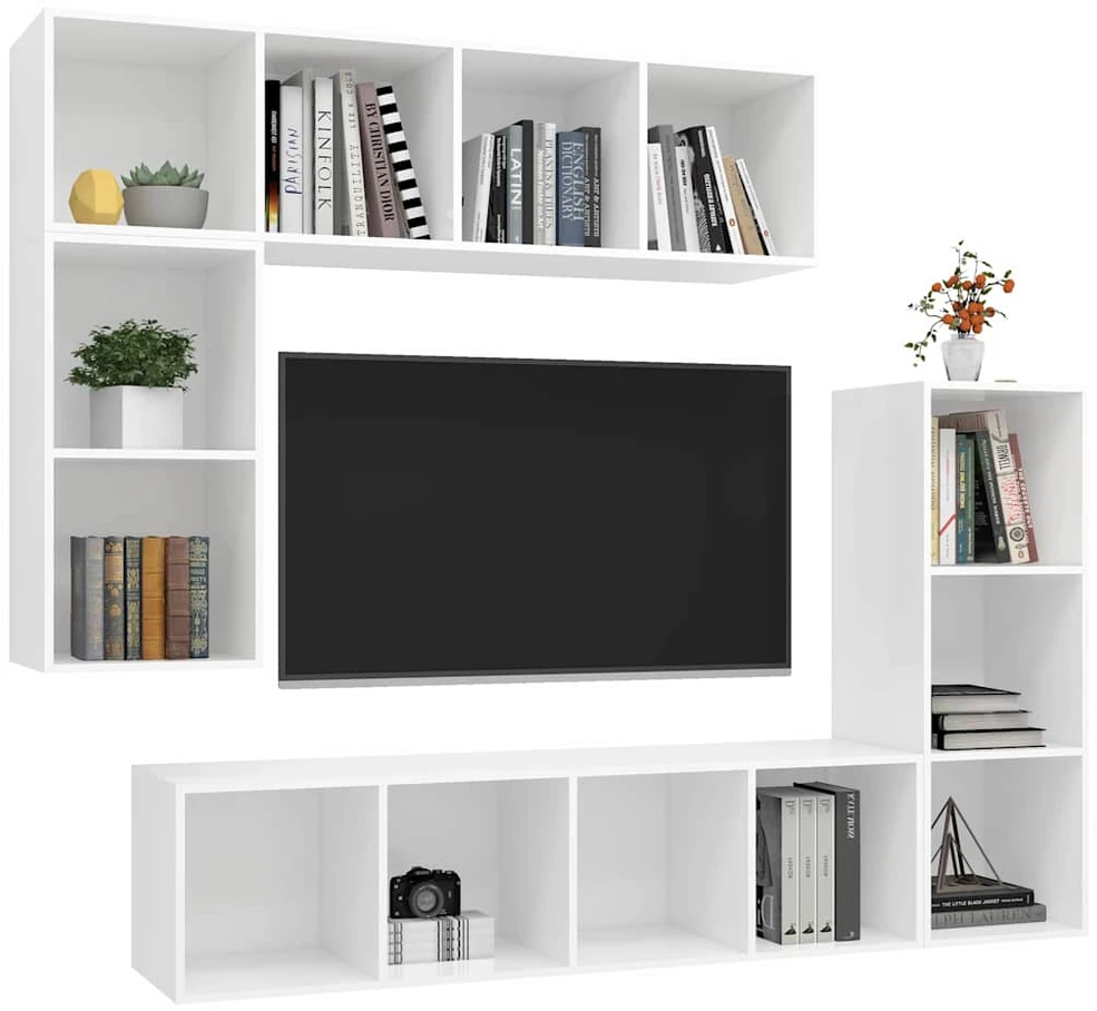 TV staliukas Televizoriaus spintelių komplektas, 4 dalių, baltas, mediena