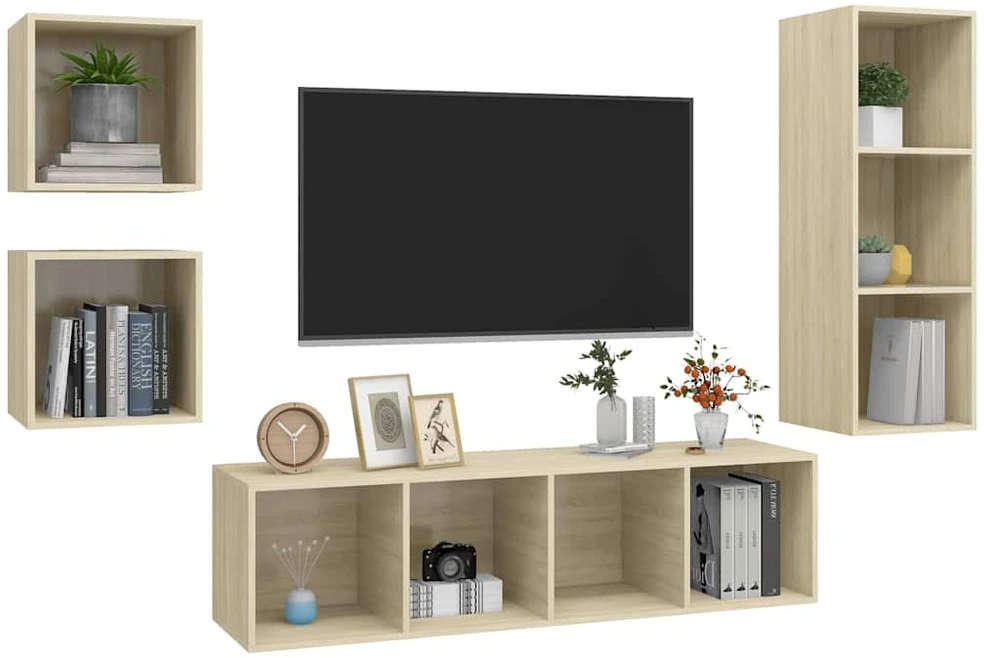 TV staliukas Televizoriaus spintelių komplektas, 4 dalių, ąžuolo, mediena