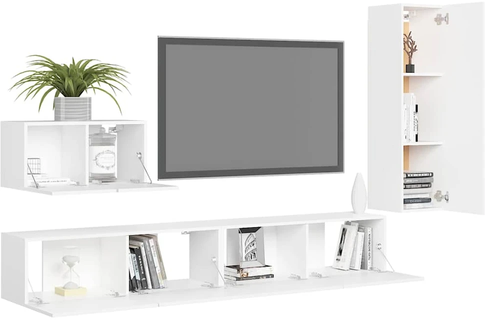 TV staliukas Televizoriaus spintelių komplektas, 4 dalių, baltas, mediena