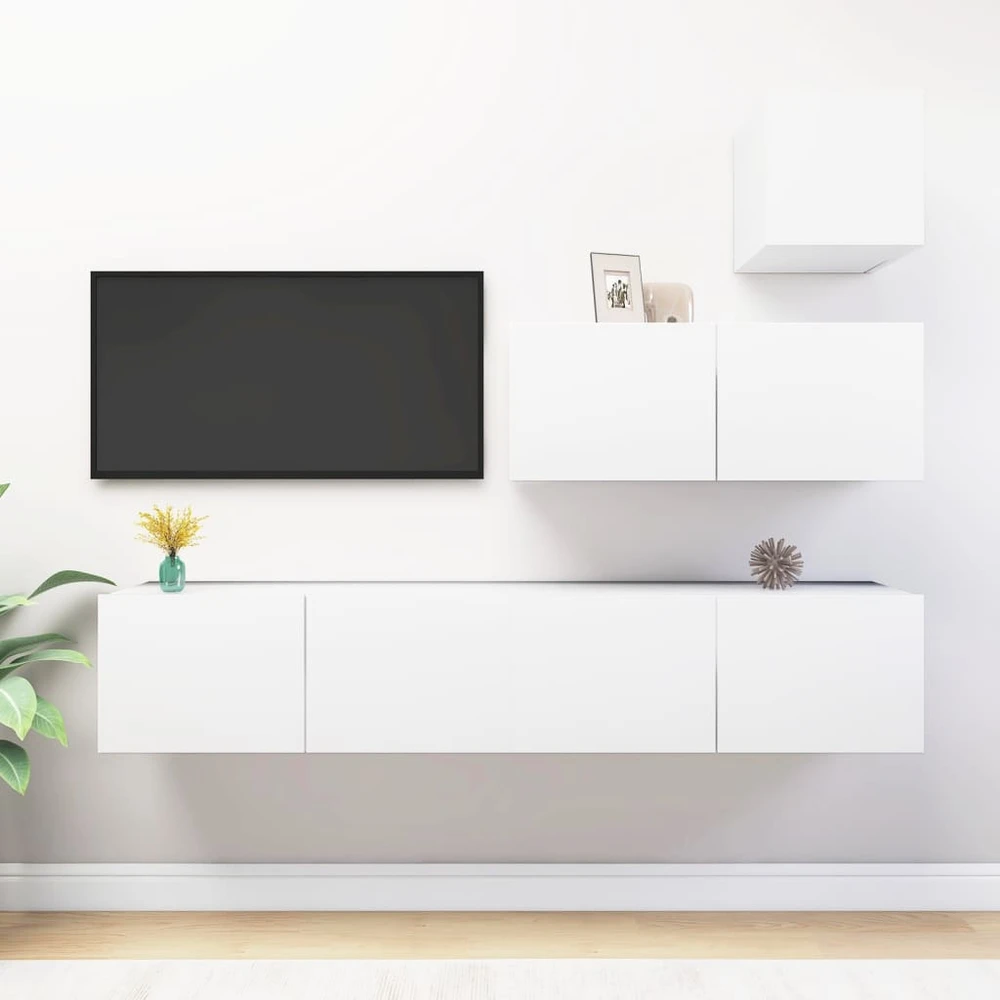 TV staliukas Televizoriaus spintelių komplektas, 4 dalių, baltas, mediena