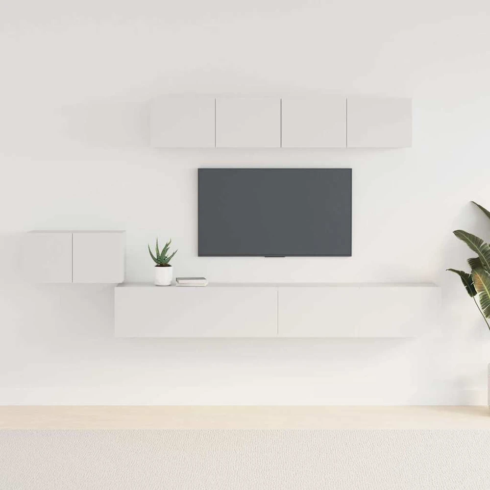 TV staliukas Televizoriaus spintelių komplektas, 5 dalių, baltas, mediena