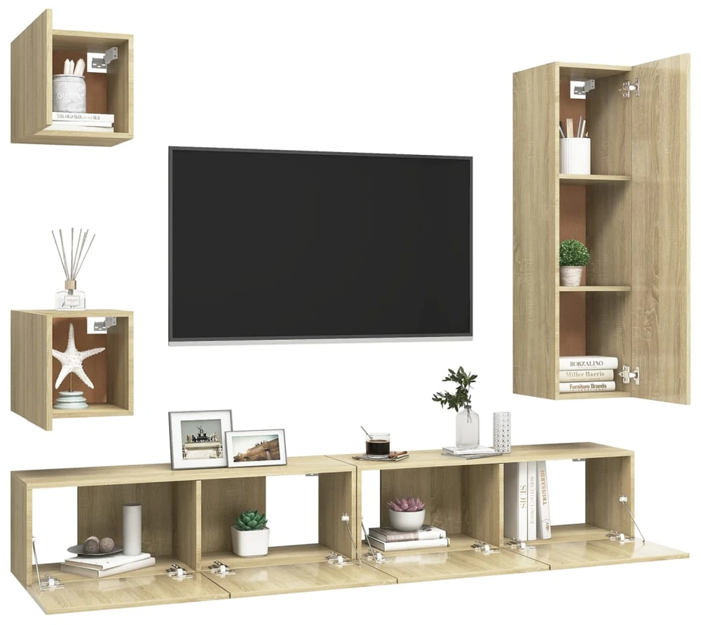 TV staliukas Televizoriaus spintelių komplektas, 5 dalių, ąžuolo, mediena