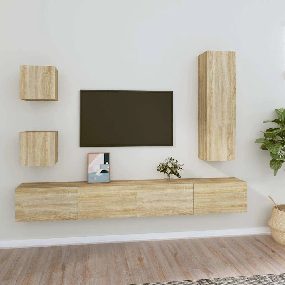 TV staliukas Televizoriaus spintelių komplektas, 5 dalių, ąžuolo, mediena