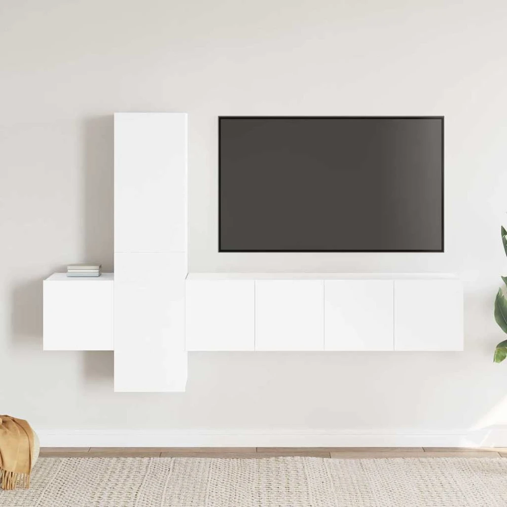 TV staliukas Televizoriaus spintelių komplektas, 5 dalių, baltas, mediena
