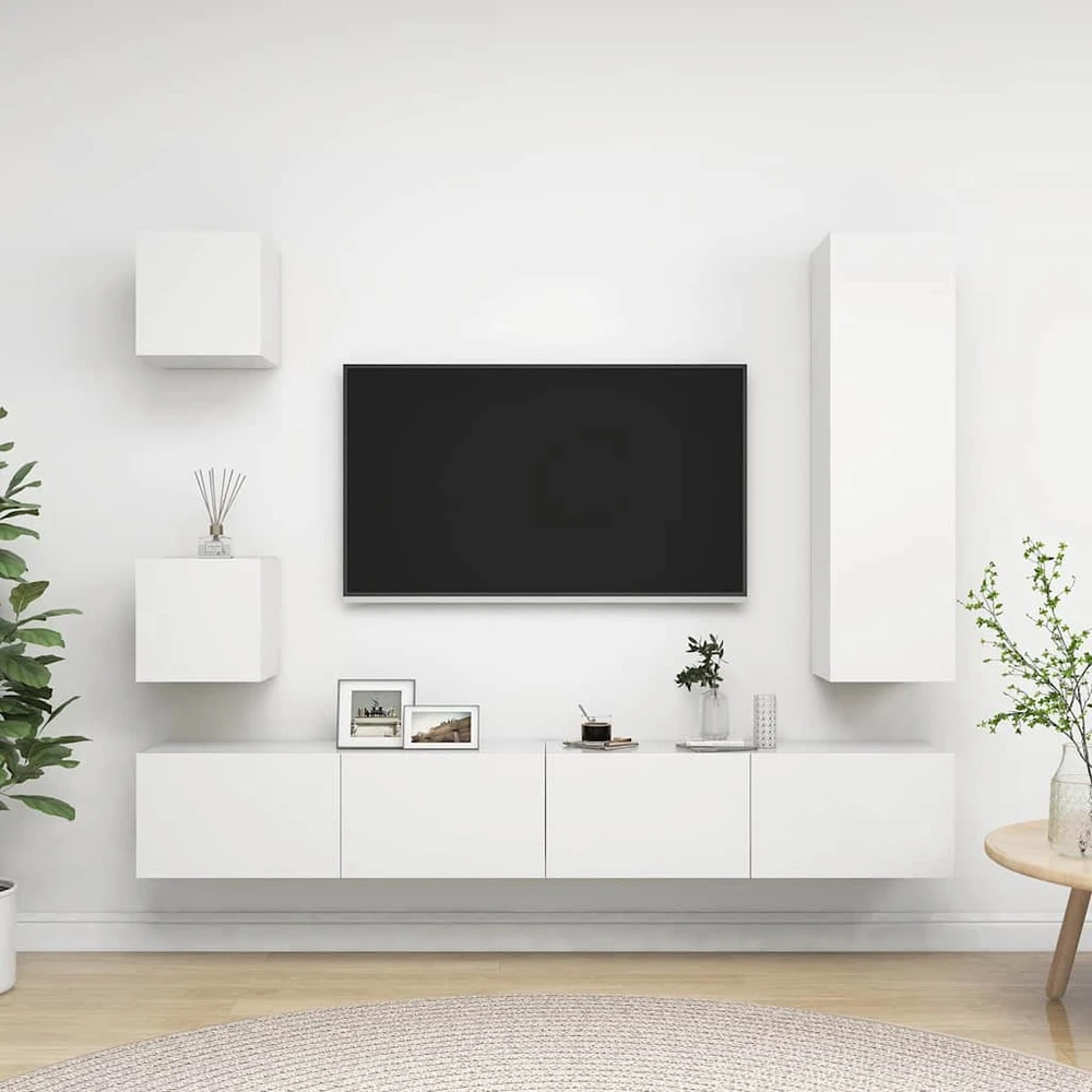 TV staliukas Televizoriaus spintelių komplektas, 5 dalių, baltas, mediena