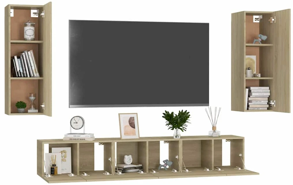 TV staliukas Televizoriaus spintelių komplektas, 5 dalių, ąžuolo, mediena