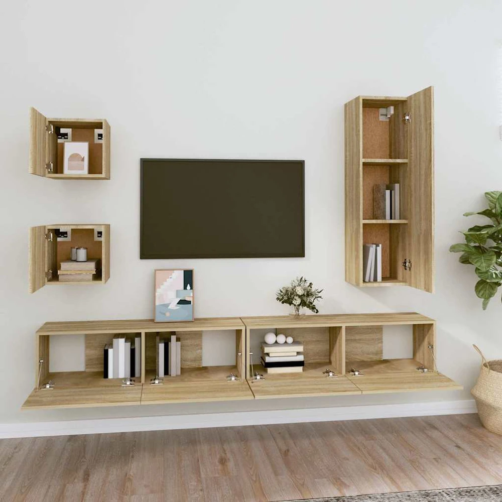 TV staliukas Televizoriaus spintelių komplektas, 5 dalių, ąžuolo, mediena