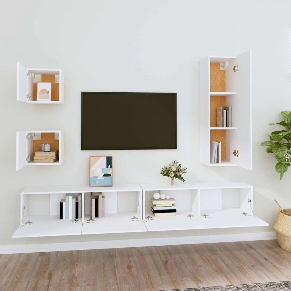 TV staliukas Televizoriaus spintelių komplektas, 5 dalių, baltas, mediena
