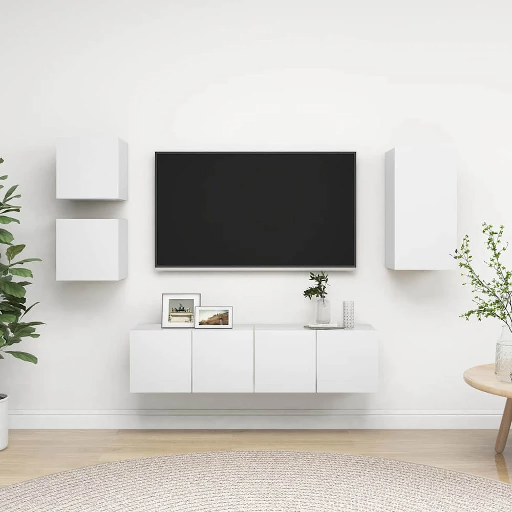 TV staliukas Televizoriaus spintelių komplektas, 5 dalių, baltas, mediena