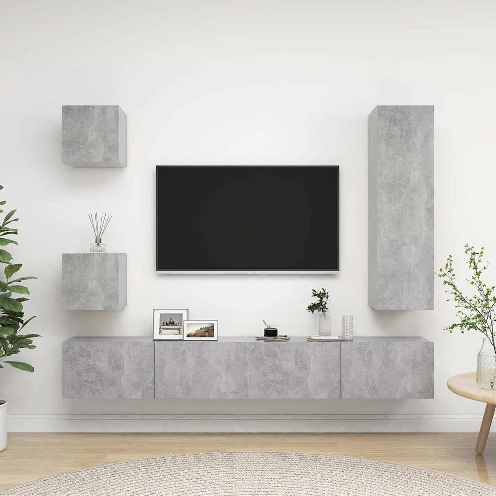TV staliukas Televizoriaus spintelių komplektas, 5 dalių, betono, mediena