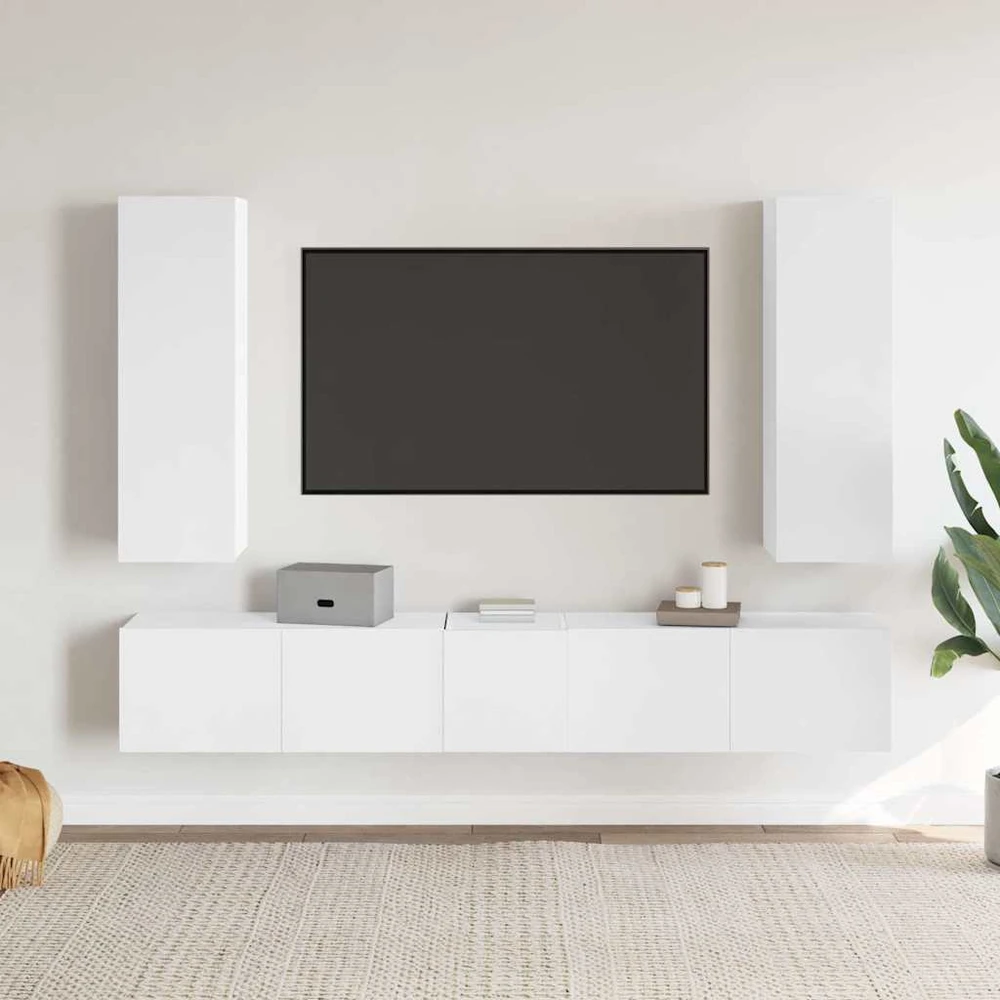 TV staliukas Televizoriaus spintelių komplektas, 5 dalių, baltas, mediena