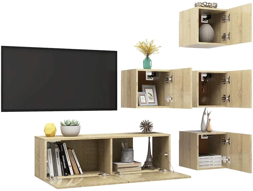 TV staliukas Televizoriaus spintelių komplektas, 5 dalių, ąžuolo, mediena