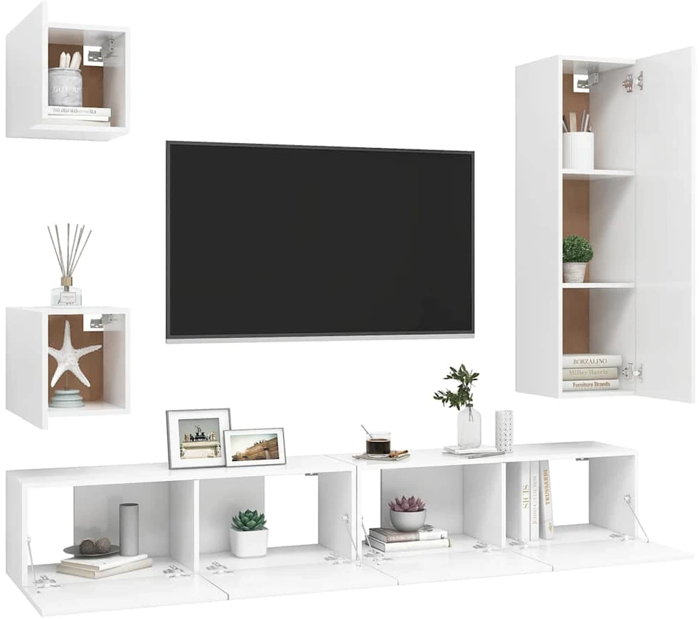 TV staliukas Televizoriaus spintelių komplektas, 5 dalių, baltas, mediena
