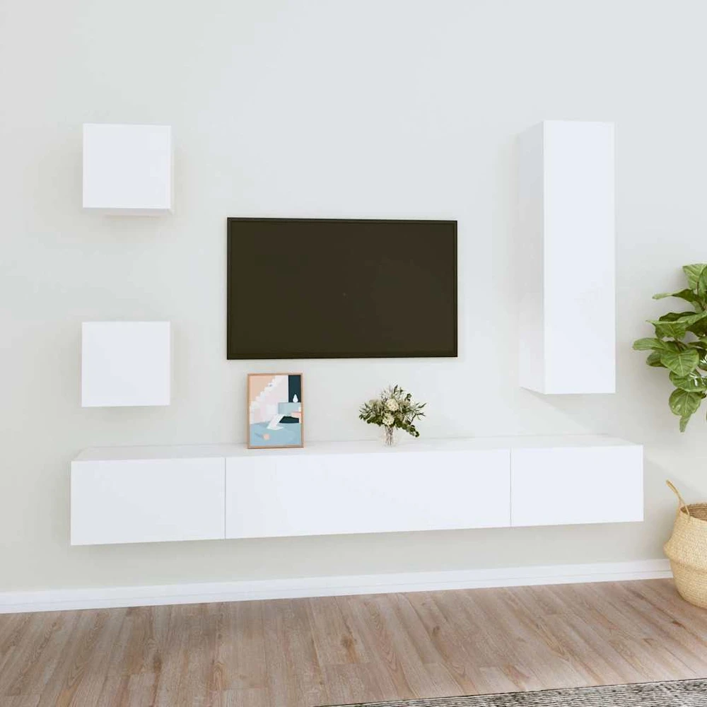 TV staliukas Televizoriaus spintelių komplektas, 5 dalių, baltas, mediena