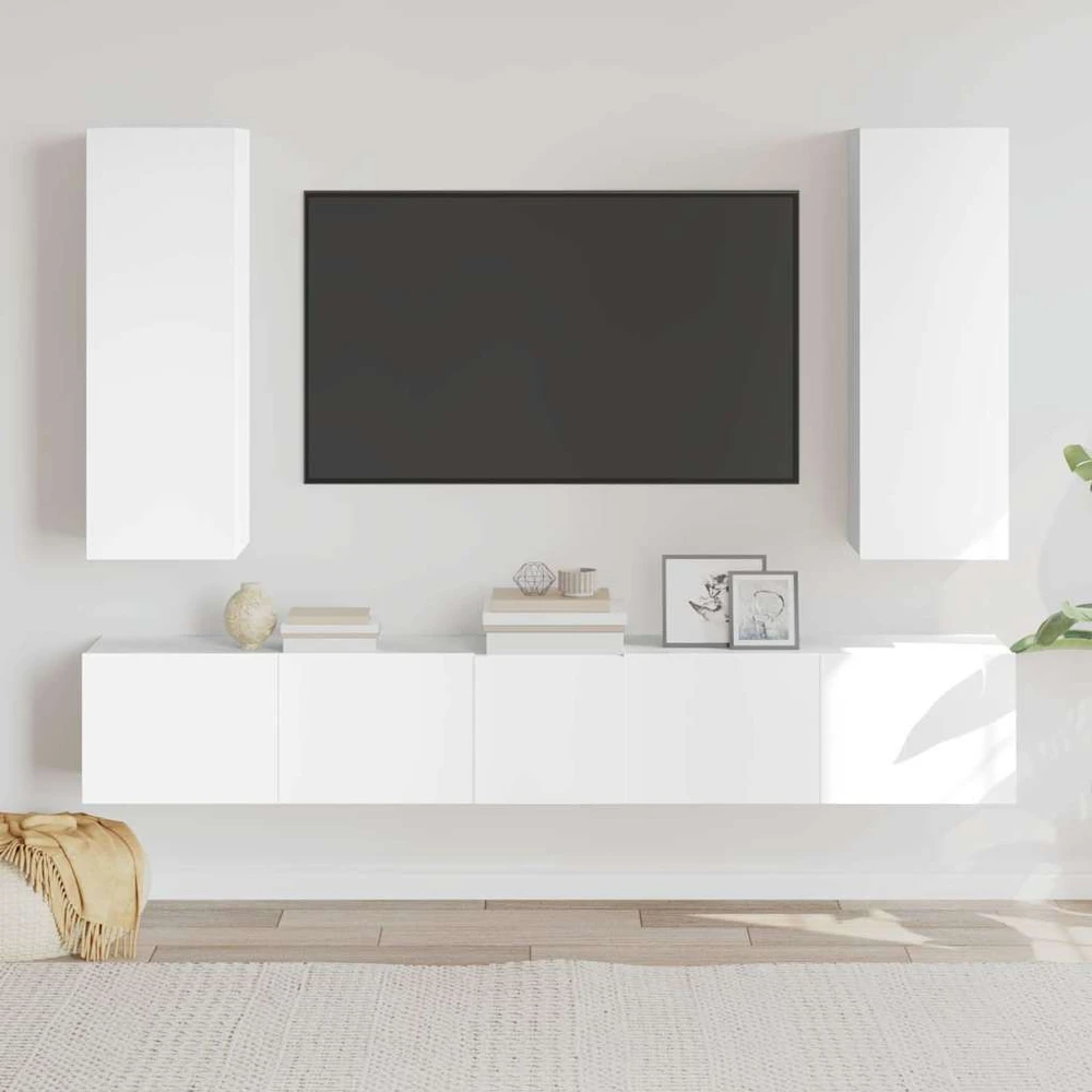 TV staliukas Televizoriaus spintelių komplektas, 5 dalių, baltas, mediena