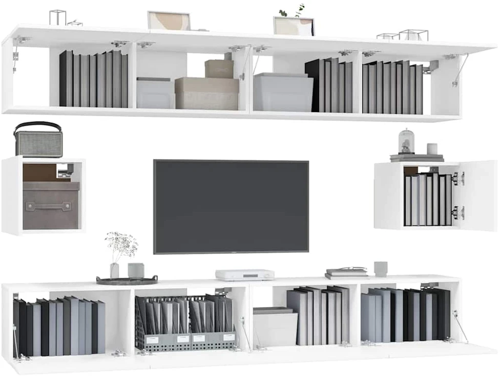 TV staliukas Televizoriaus spintelių komplektas, 6 dalių, baltas, mediena