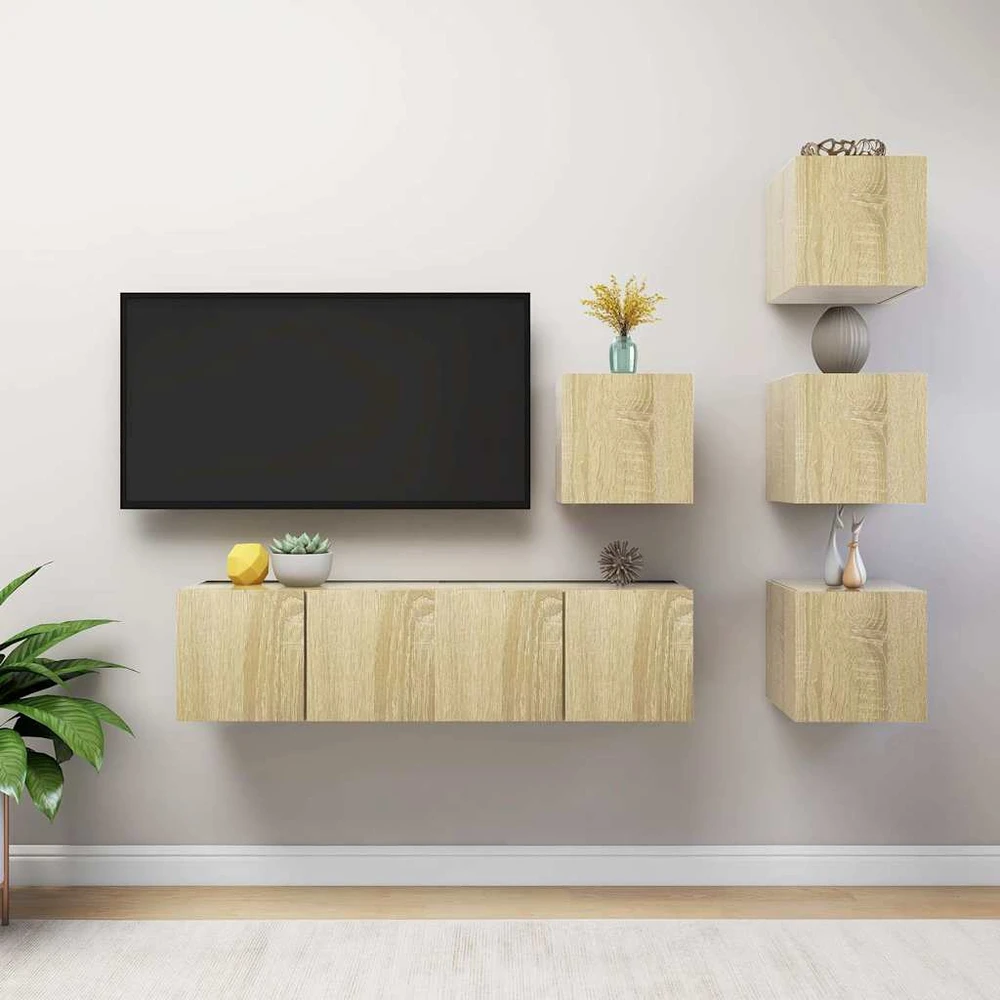 TV staliukas Televizoriaus spintelių komplektas, 6 dalių, ąžuolo, mediena