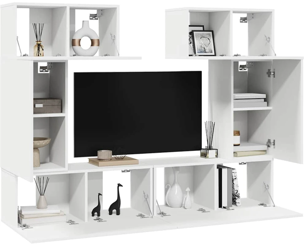TV staliukas Televizoriaus spintelių komplektas, 6 dalių, baltas, mediena