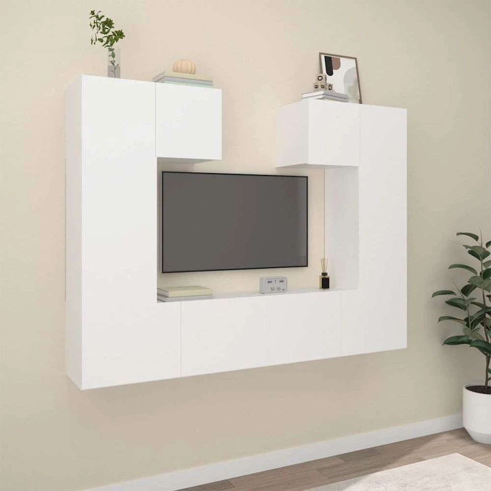 TV staliukas Televizoriaus spintelių komplektas, 6 dalių, baltas, mediena
