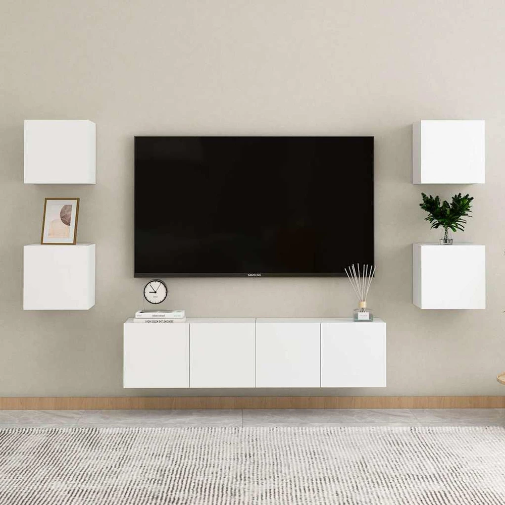 TV staliukas Televizoriaus spintelių komplektas, 6 dalių, baltas, mediena
