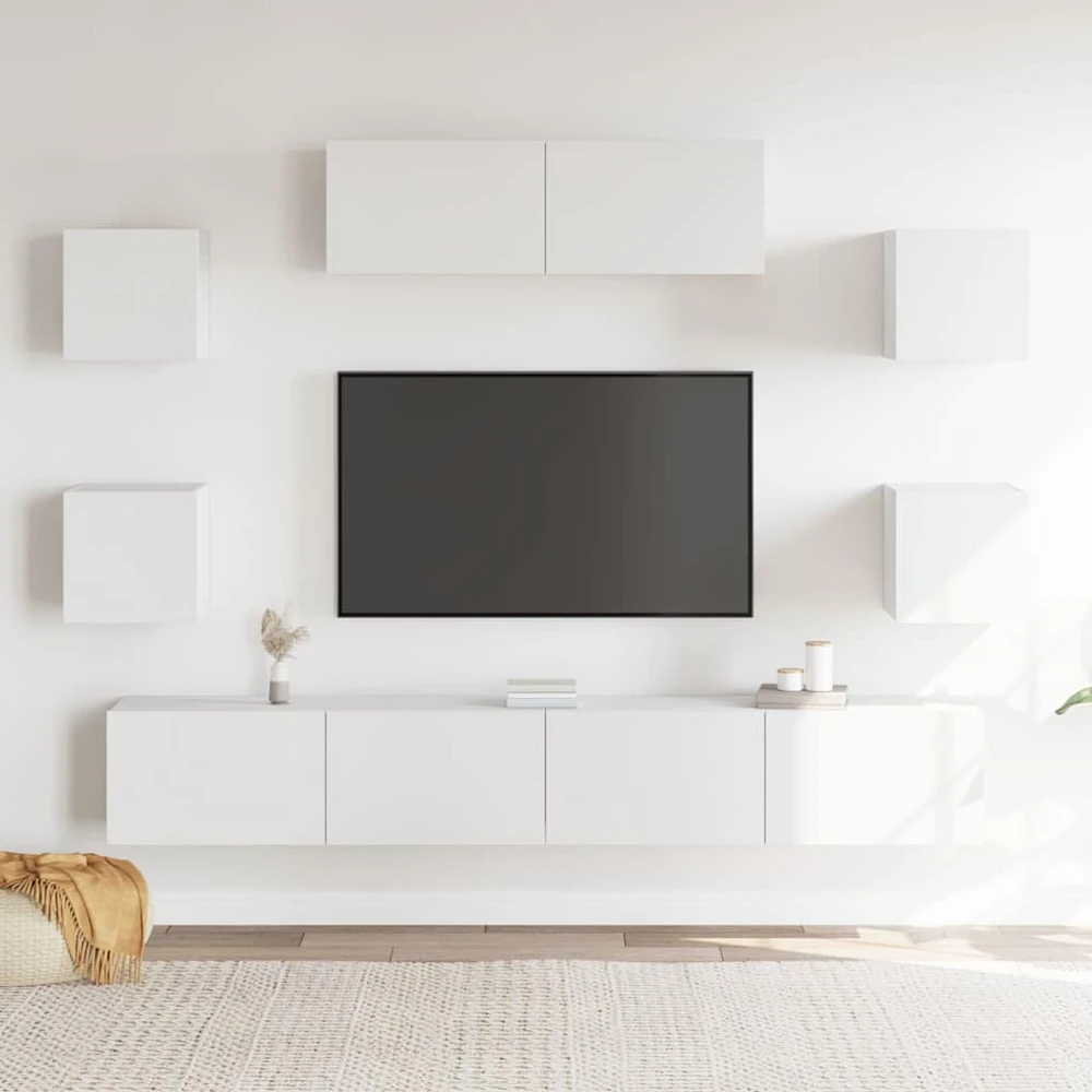 TV staliukas Televizoriaus spintelių komplektas, 7 dalių, baltas, mediena