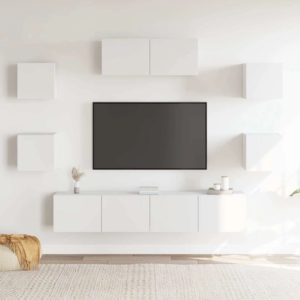 TV staliukas Televizoriaus spintelių komplektas, 7 dalių, baltas, mediena