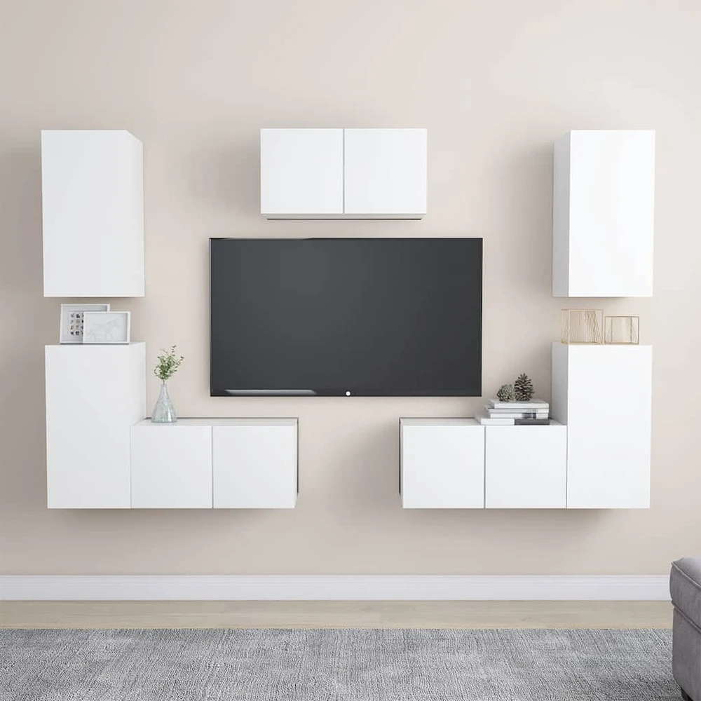 TV staliukas Televizoriaus spintelių komplektas, 7 dalių, baltas, mediena