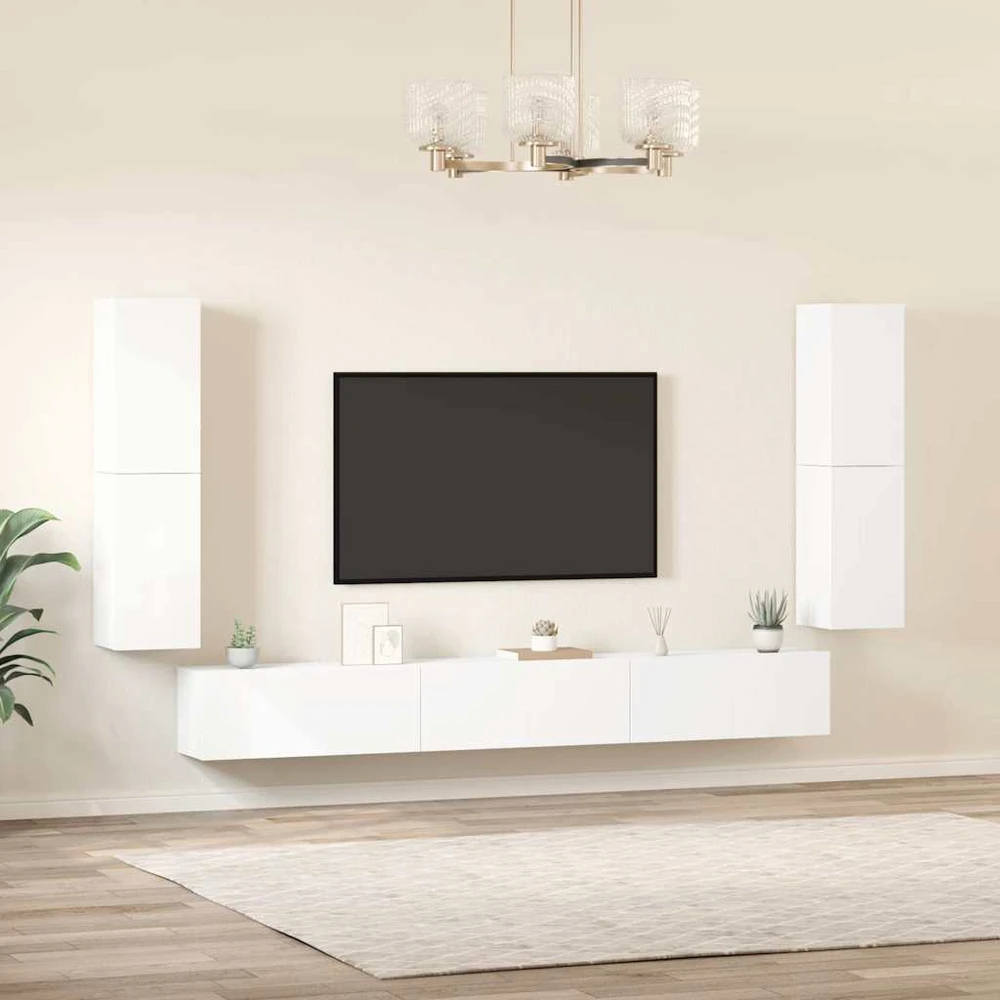 TV staliukas Televizoriaus spintelių komplektas, 7 dalių, baltas, mediena
