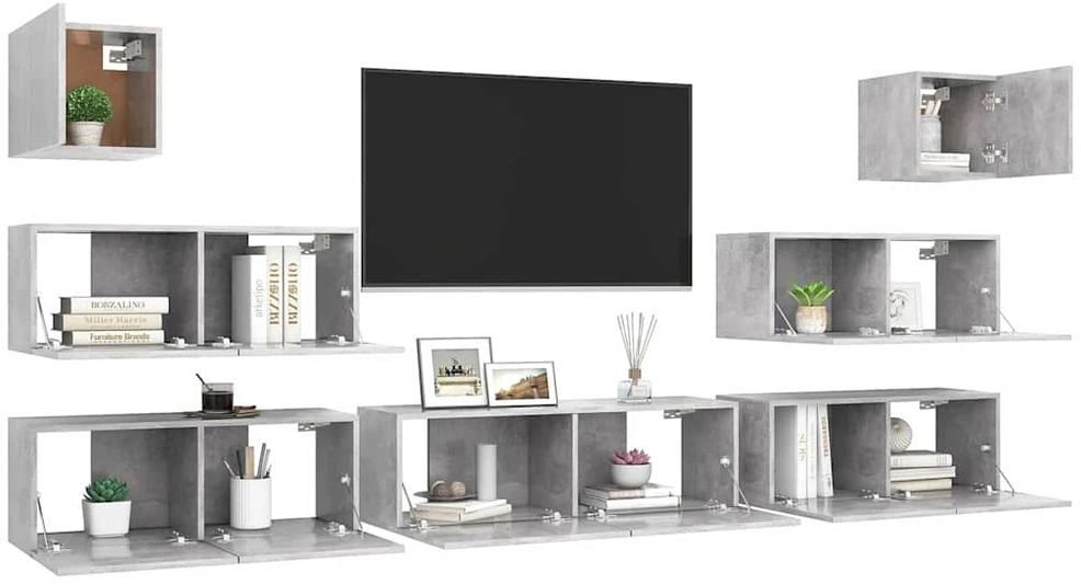 TV staliukas Televizoriaus spintelių komplektas, 7 dalių, betono, mediena
