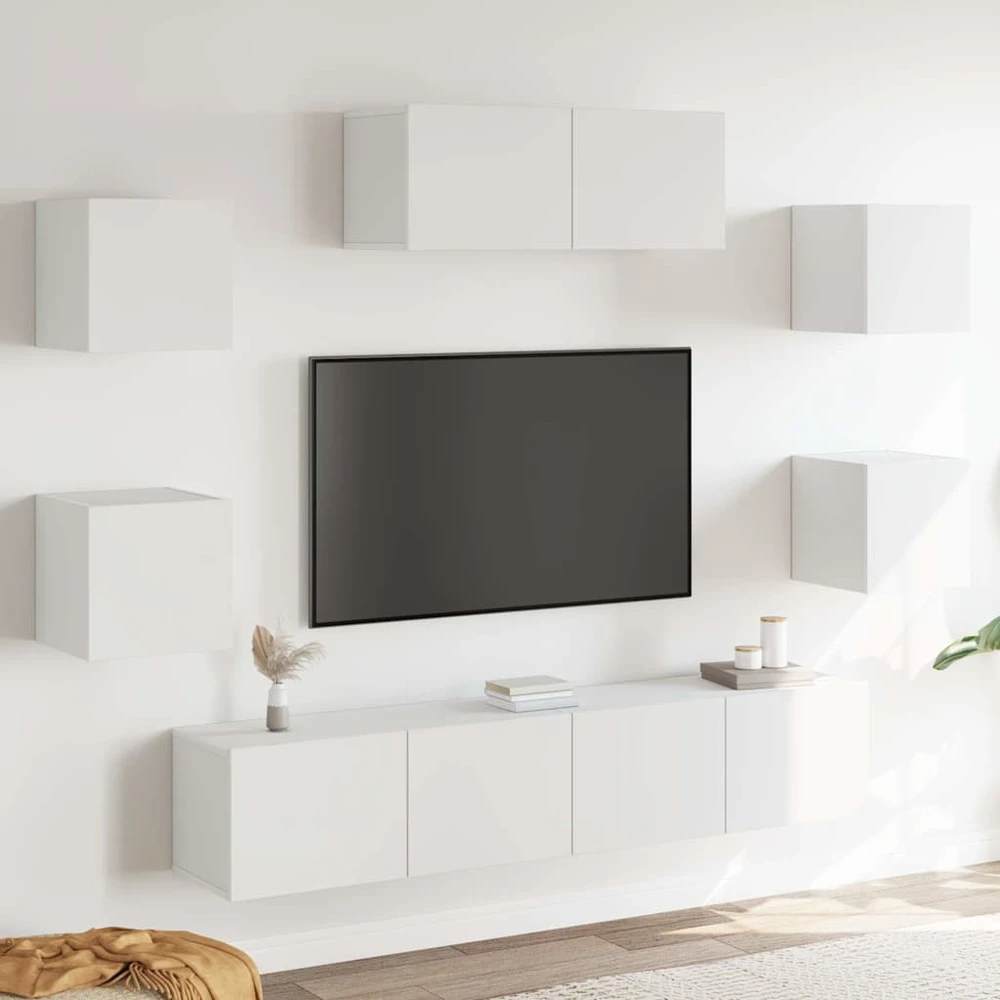 TV staliukas Televizoriaus spintelių komplektas, 7 dalių, baltas, mediena