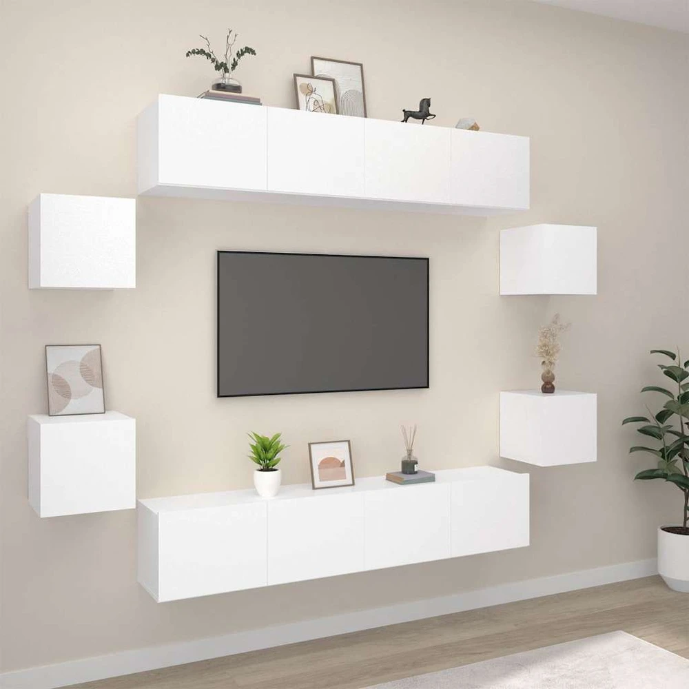 TV staliukas Televizoriaus spintelių komplektas, 8 dalių, baltas, mediena